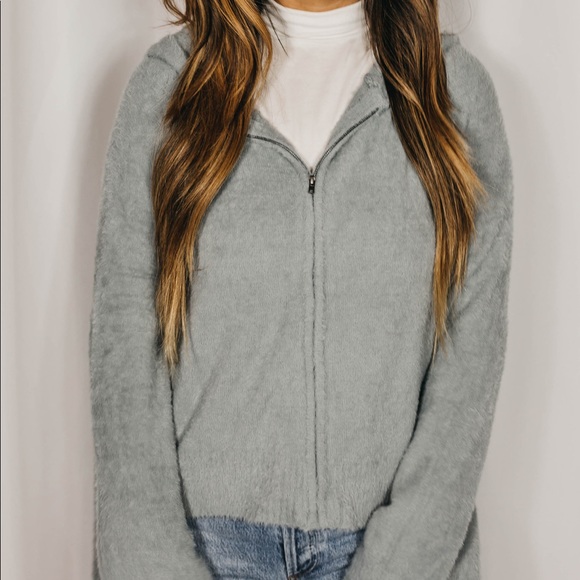 NEW // Fuzzy Soft Zipper Up Hooded Jacket - Blue - Picture 7 of 8